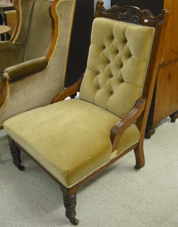 Appraisal: Late th century walnut button back nursing chair upholstered in