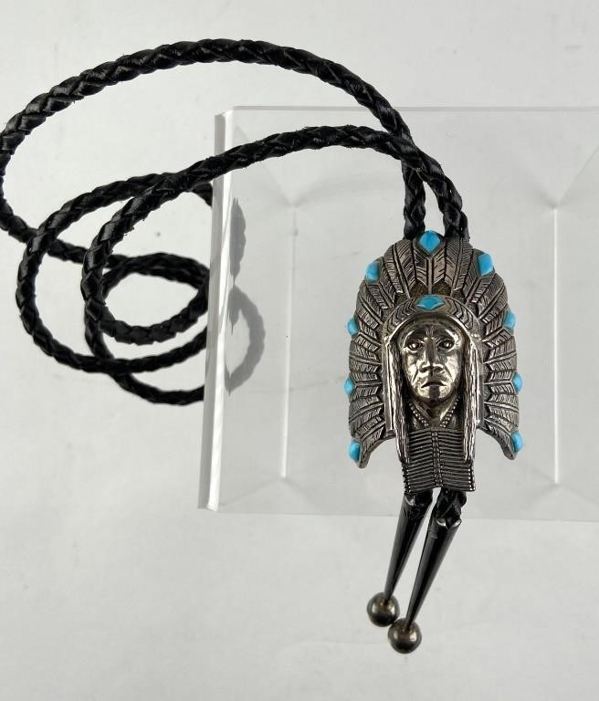 Appraisal: Sterling Silver indian head with turqoise accents bolo tie with