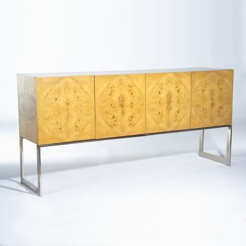 Appraisal: MILO BAUGHMAN Four-door buffet in burlwood veneer the interior with