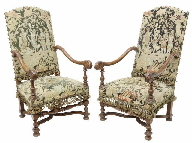 Appraisal: pair French Louis XIII style walnut armchairs th c tapestry