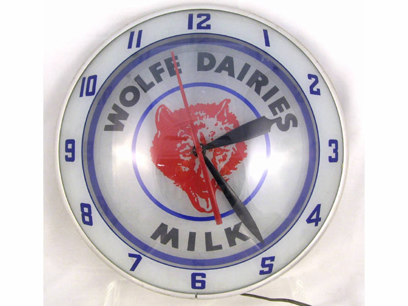 Appraisal: Wolfe Dairies Milk Bubble Face Clock Bubble face clock White