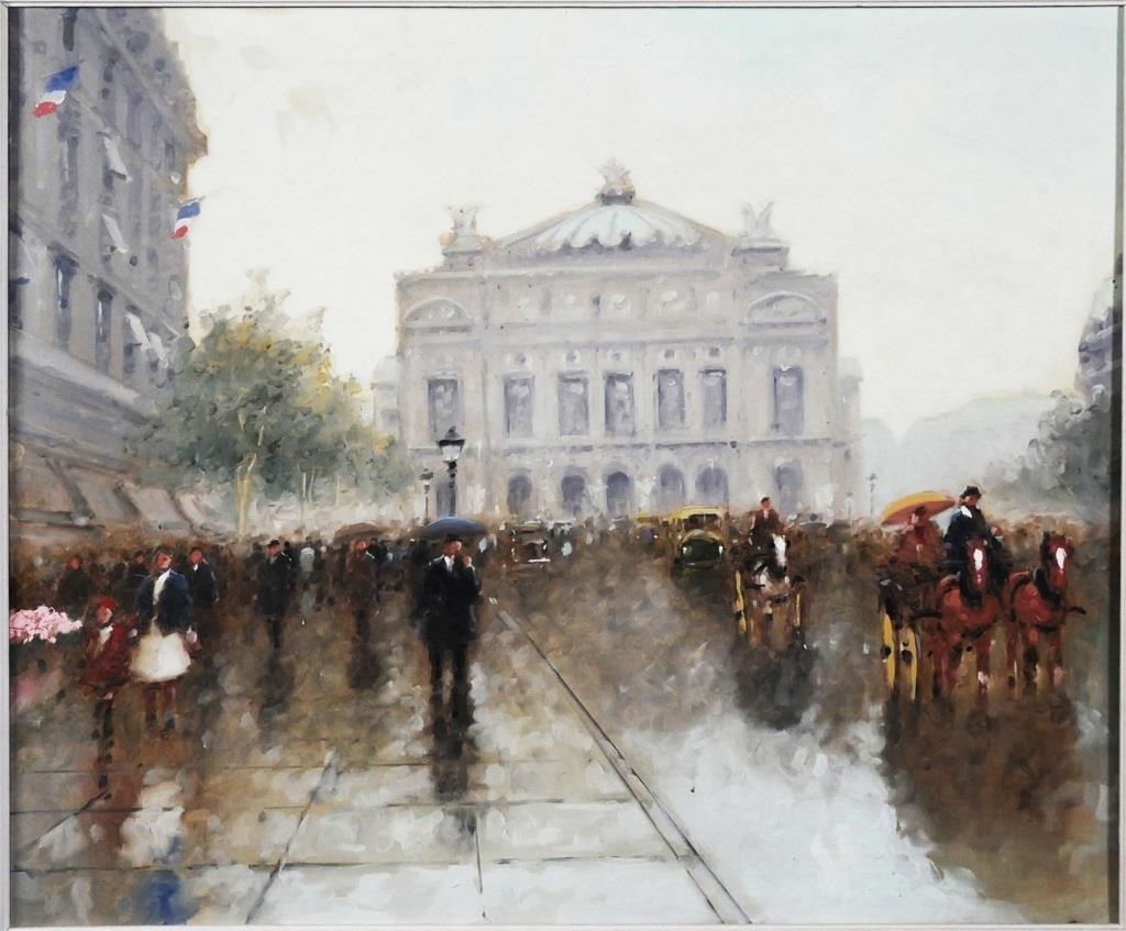 Appraisal: Oil on canvas Paris street scene attributed to Andre Gisson