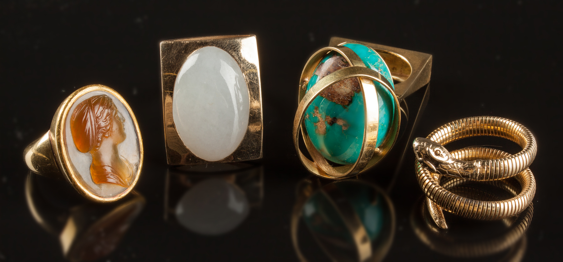 Appraisal: Vintage Gold Rings k gold w glass cameo k jade