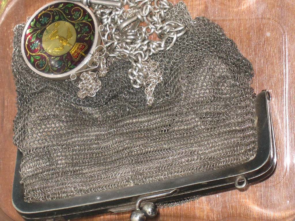 Appraisal: Lot comprising mesh purse enamel coin pendant and a silver