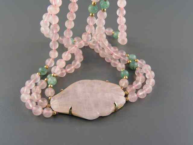 Appraisal: Rose Quartz Jade Necklace triple strand mm beads carved leaf