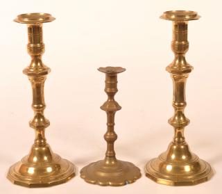 Appraisal: Three Antique Brass Candlesticks Matched pair - h and a