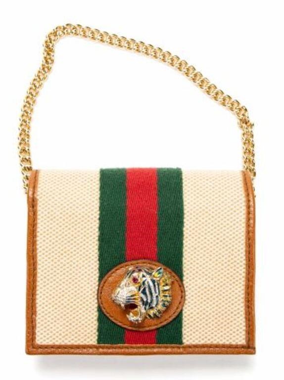 Appraisal: Gucci Rajah mini wallet on chain in beige canvas with