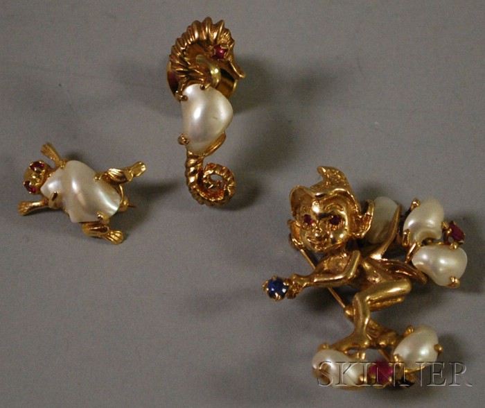 Appraisal: Three kt Gold Baroque Pearl and Gemstone Jewelry Items a