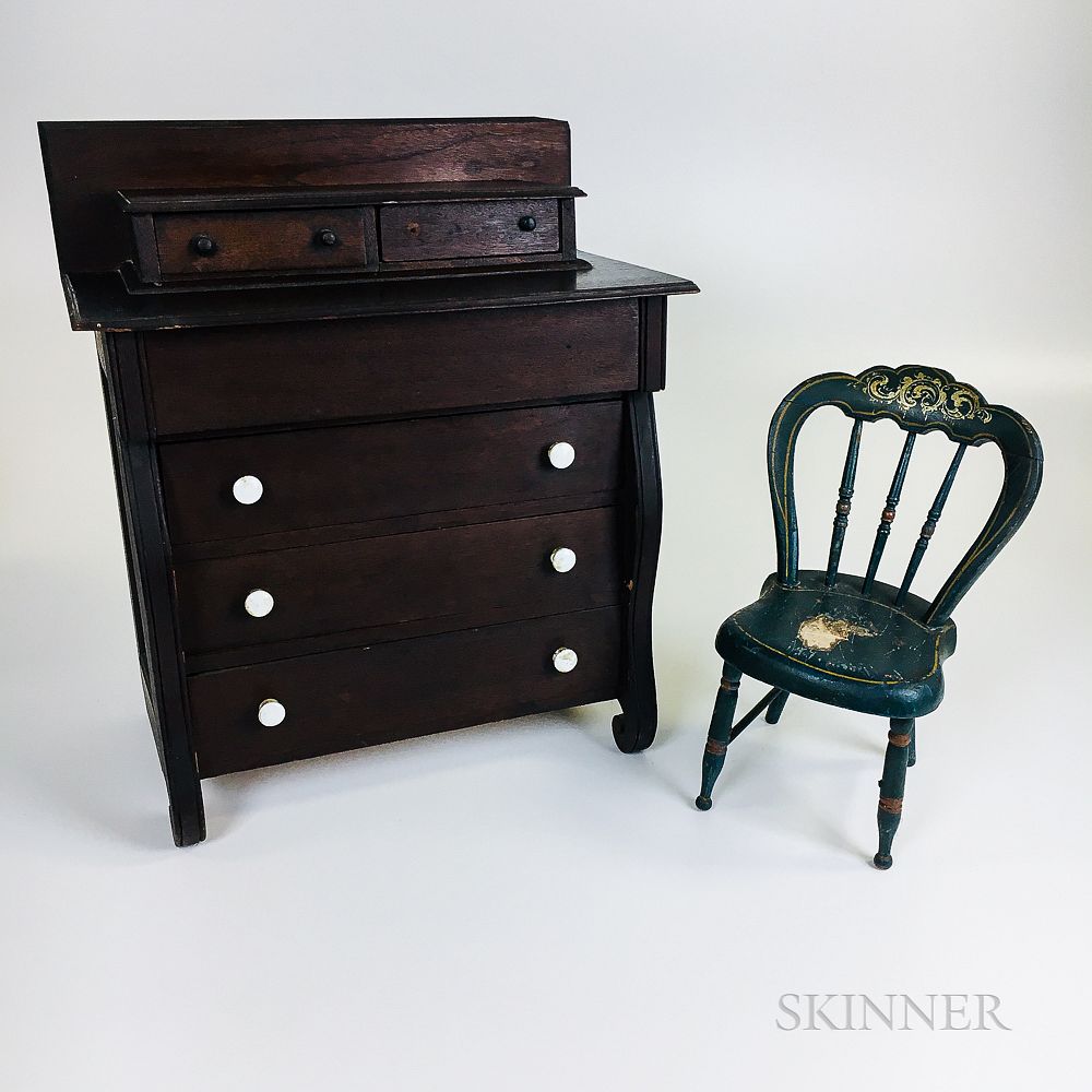 Appraisal: Miniature Late Classical-style Mahogany Chest of Drawers and a Blue-painted