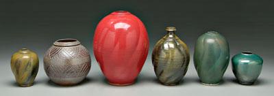 Appraisal: Six pieces Ben Owen III pottery vases with various surface