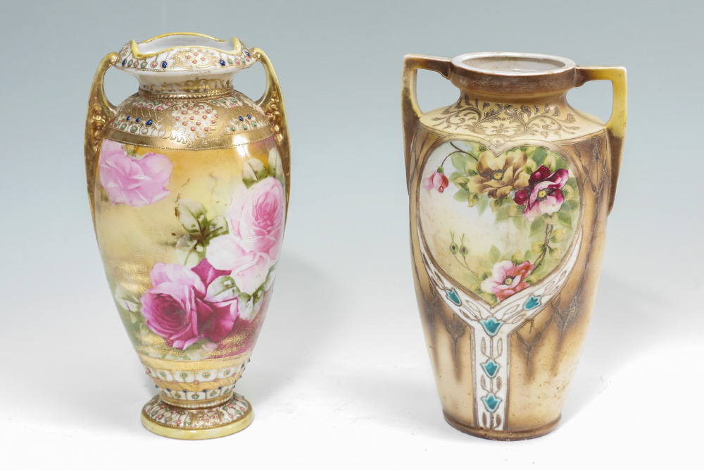 Appraisal: HAND PAINTED JEWELED HANDLED JAPANESE VASES vases total to include