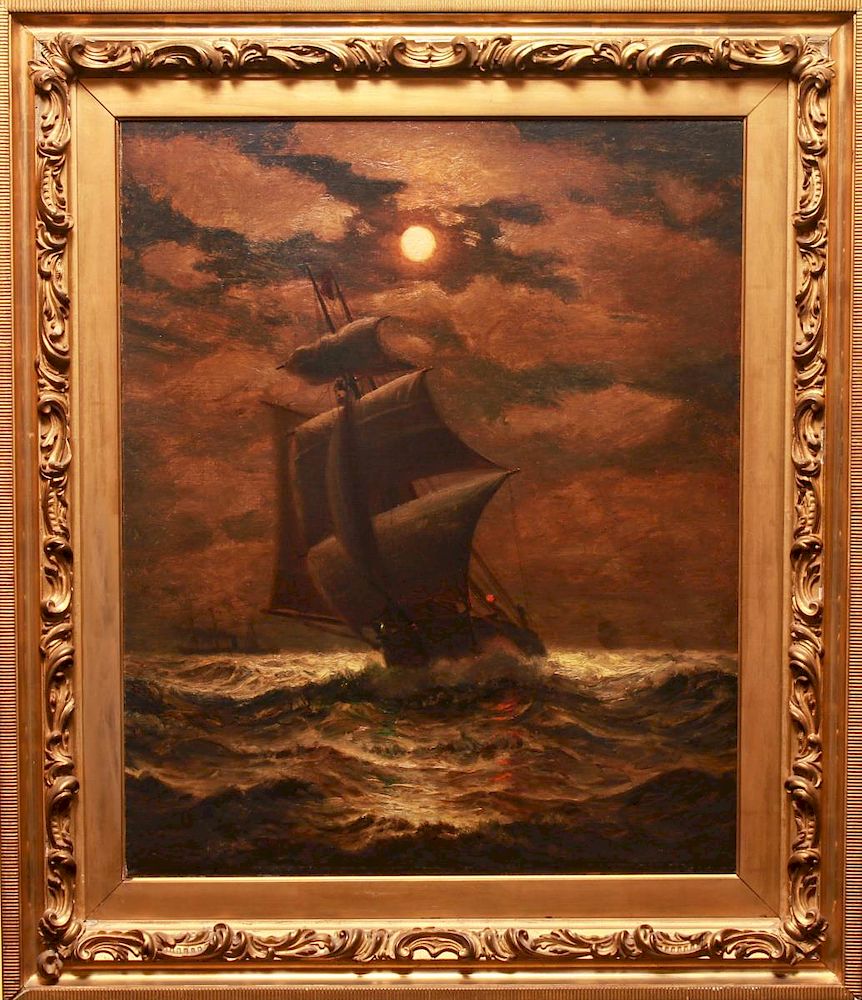 Appraisal: James G Tyler Sailing Ship on Moonlit Water Oil James