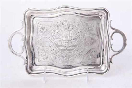 Appraisal: Russian silver diminutive tray Moscow shaped rectangular tray centering bright-cut