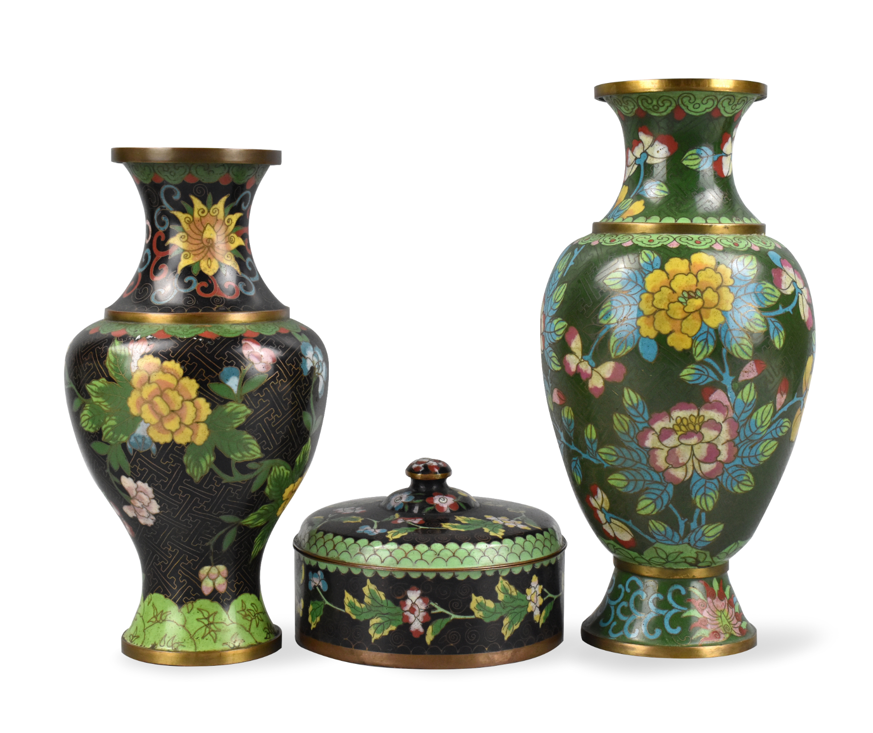 Appraisal: Three Chinese cloisonne items two vases and a covered circular