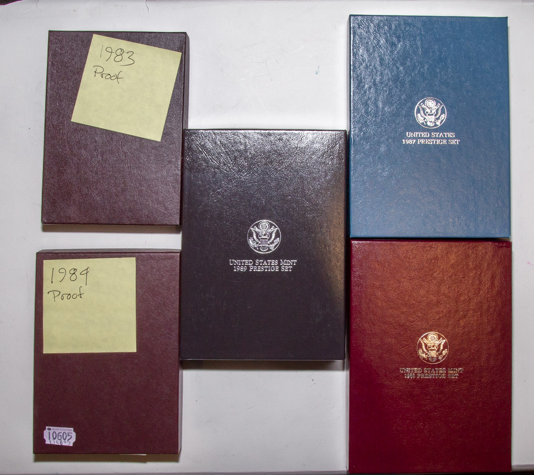 Appraisal: FIVE US PRESTIGE PROOF SETS In original Mint boxes with