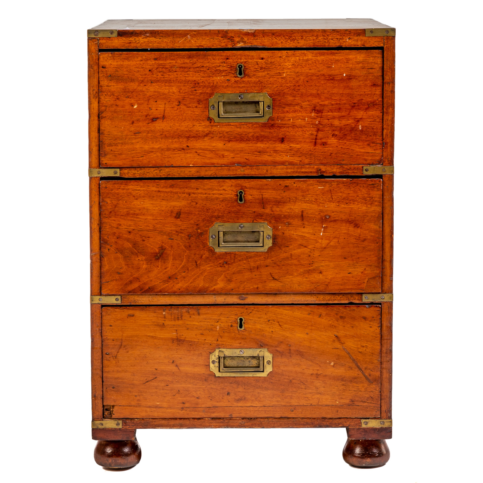 Appraisal: CAMPAIGN DIMINUTIVE THREE-DRAWER CHEST Late early th century with brass