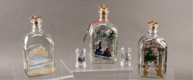 Appraisal: Three Holmegaard Decanters Christmas Motif along with two shot glasses