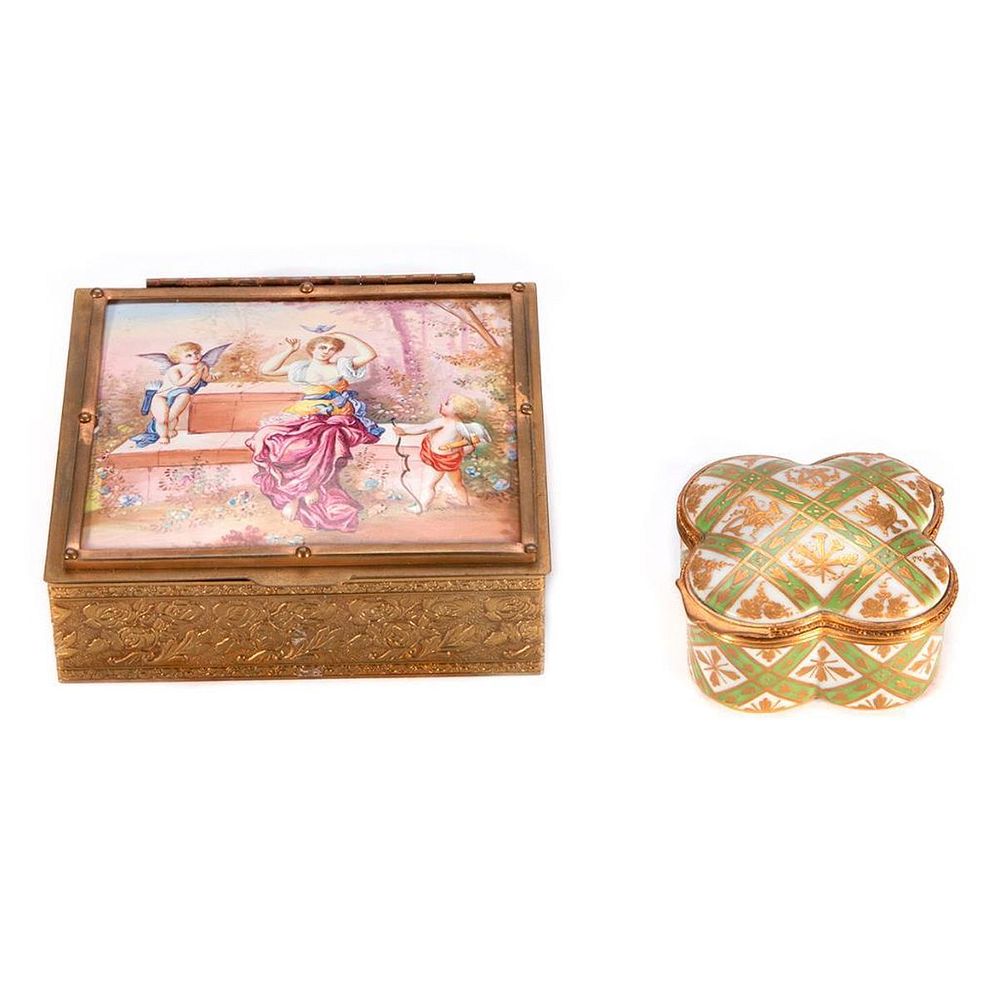 Appraisal: Quartifoil Sevre Box and a Square Brass Box with Painted