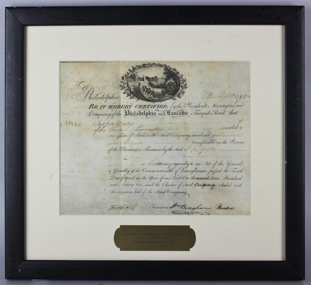 Appraisal: PHILADELPHIA LANCASTER TURNPIKE STOCK CERTIFICATE SIGNED BY WILLIAM BINGHAM partially