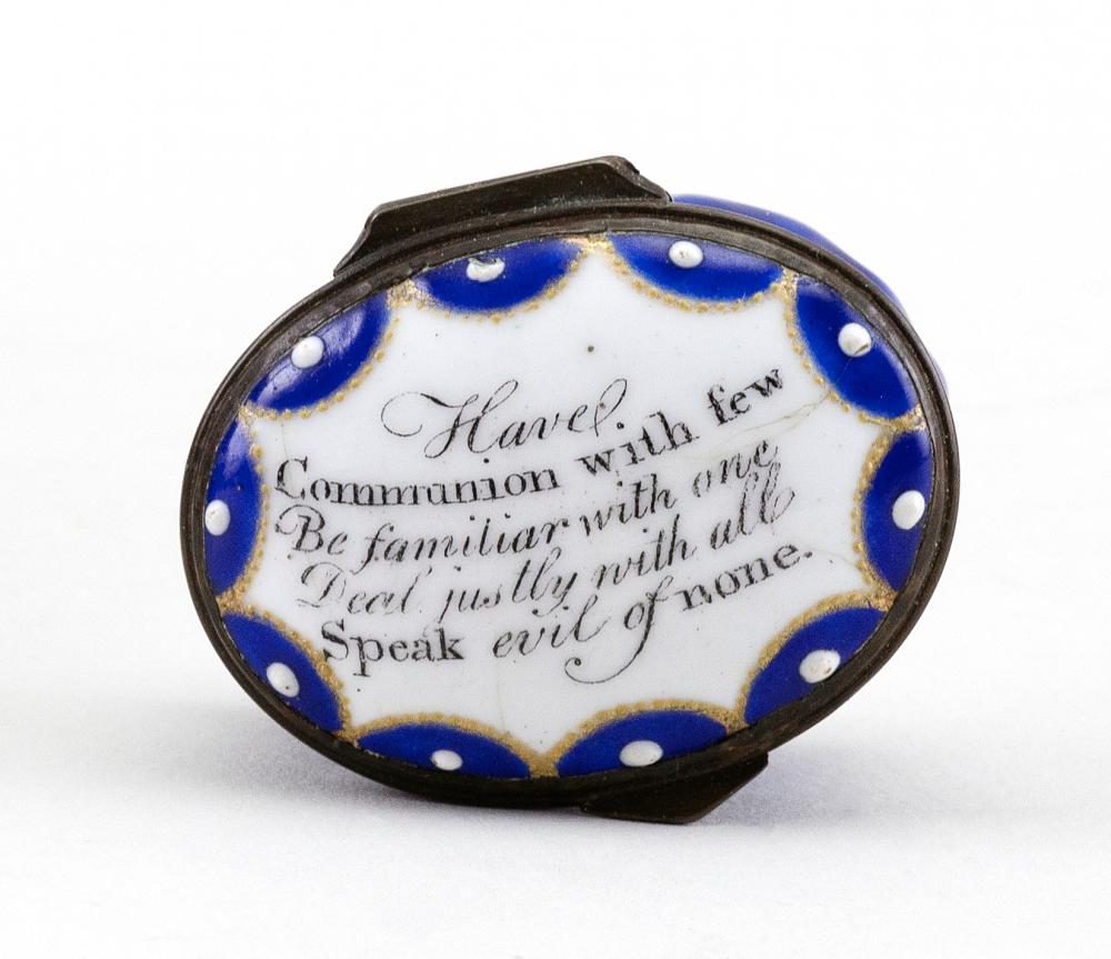 Appraisal: ENGLISH ENAMEL MOTTO PATCH BOX CIRCA LENGTH ENGLISH ENAMEL MOTTO