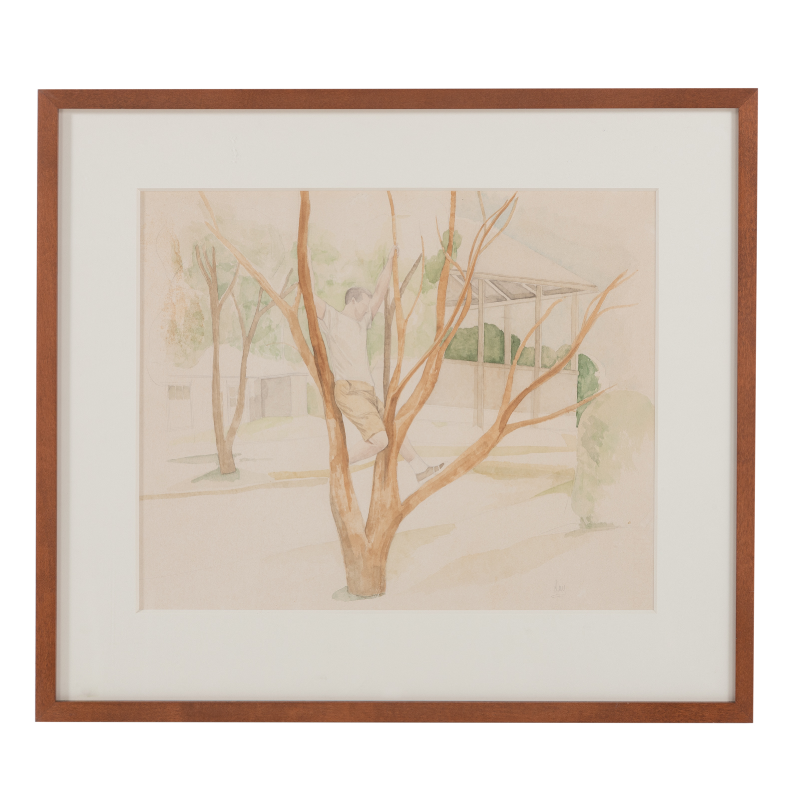 Appraisal: LARRY DAY MAN IN TREE WATERCOLOR American - Watercolor on