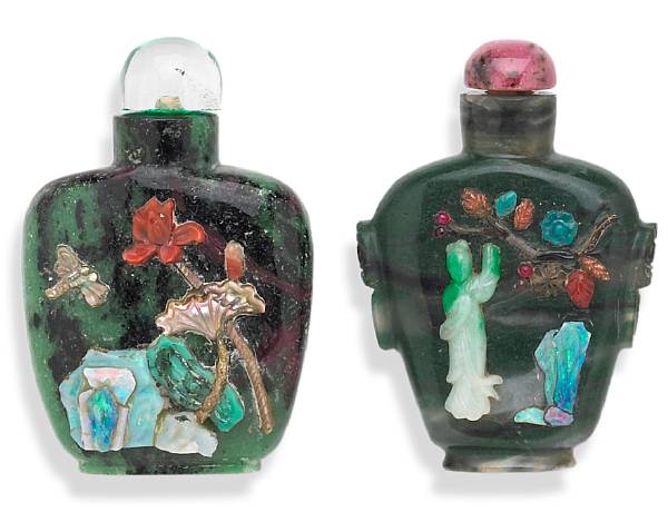 Appraisal: Two hardstone overlay snuff bottles zoisite and agate The first