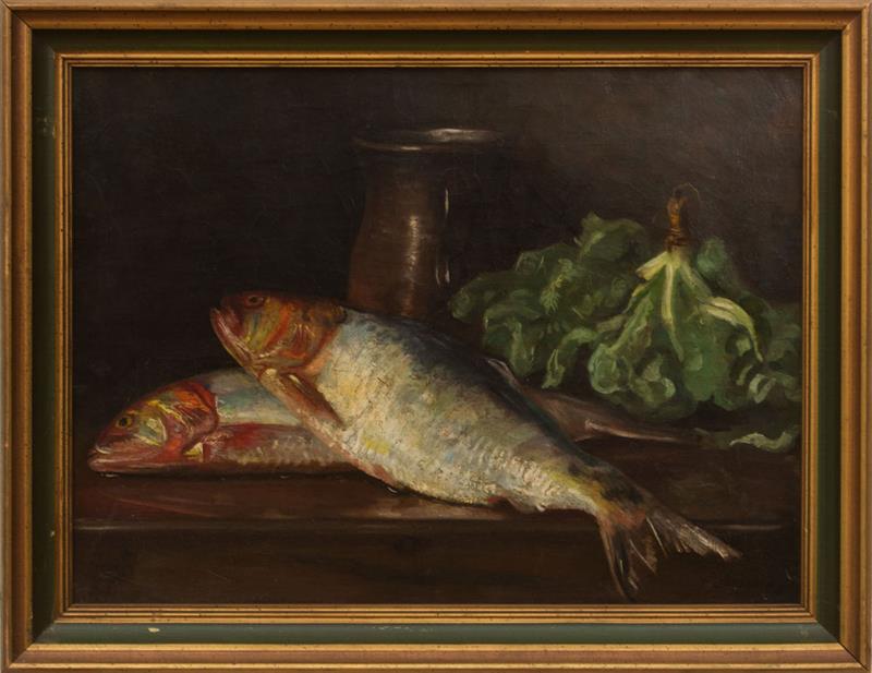 Appraisal: AMERICAN SCHOOL STILL LIFE WITH FISH Oil on canvas signed