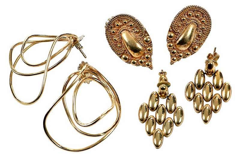 Appraisal: Three Pairs Gold Earrings free form wire design stamped maker's