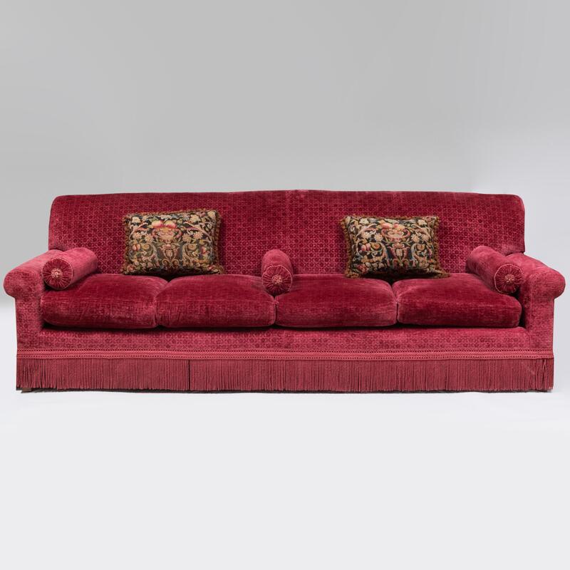 Appraisal: Fine French Raspberry Cotton and Linen Velvet Gauffrage Sofa with