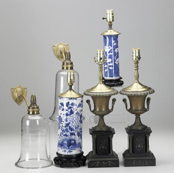 Appraisal: LIGHTING GROUP Six pieces include two Chinese Export porcelain lamps