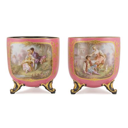 Appraisal: Pair of Sevres Style Pink Ground Porcelain Cachepots Estimate -