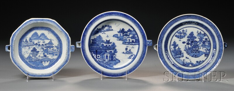 Appraisal: Three Blue and White Hot Water Porcelain Warming Dishes China