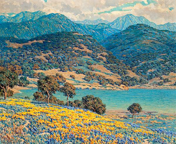 Appraisal: Granville Redmond - Poppies and lupine by a lake with