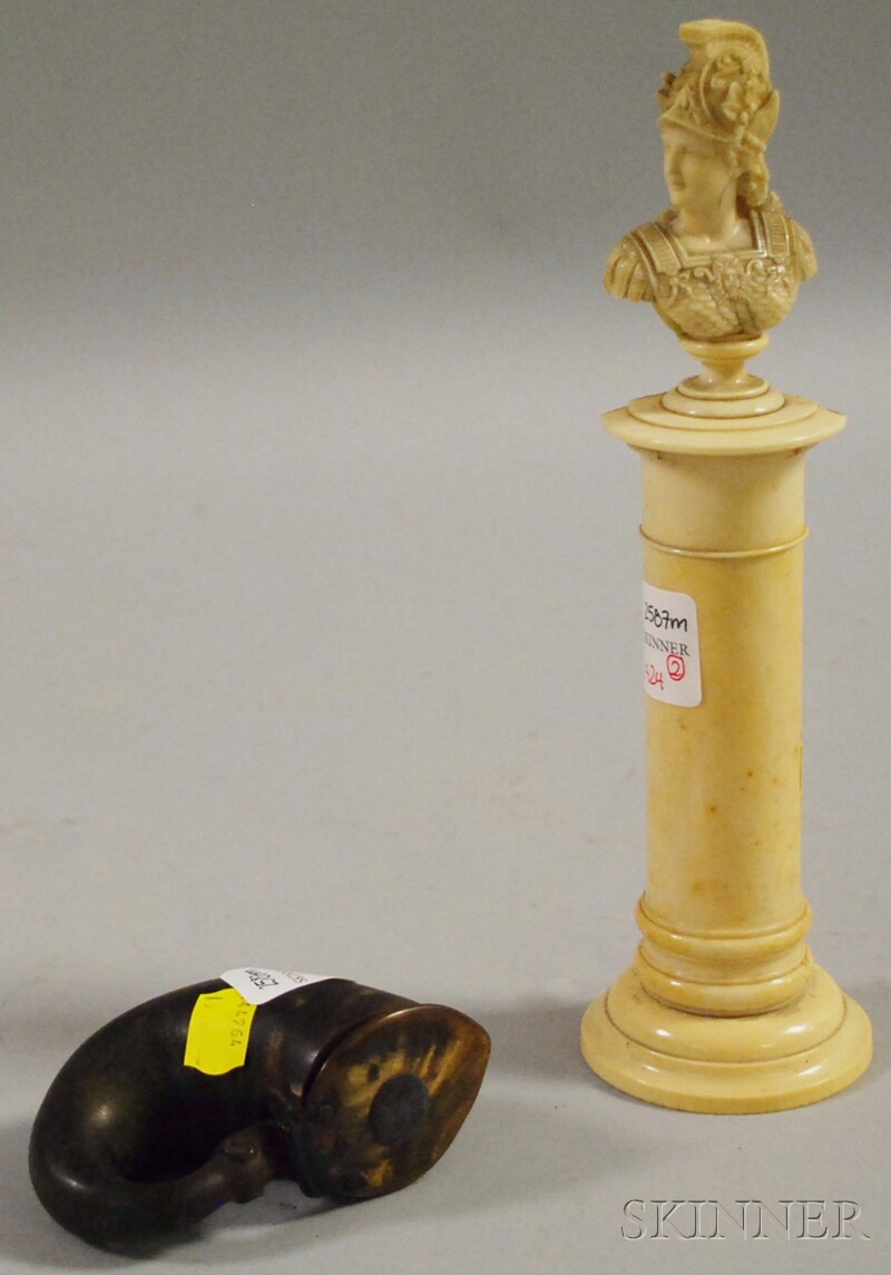 Appraisal: Horn Snuff Mull and a European Carved Ivory Bust of