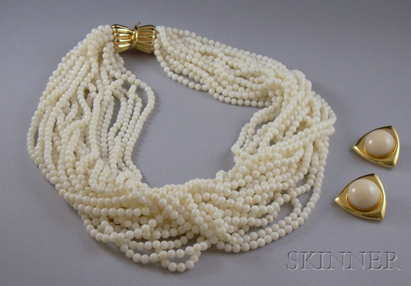 Appraisal: Two kt Gold and White Coral Items a torsade necklace