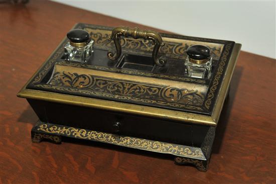 Appraisal: BOULLE STYLE BRASS INLAID STANDISH French th century ebonized wood