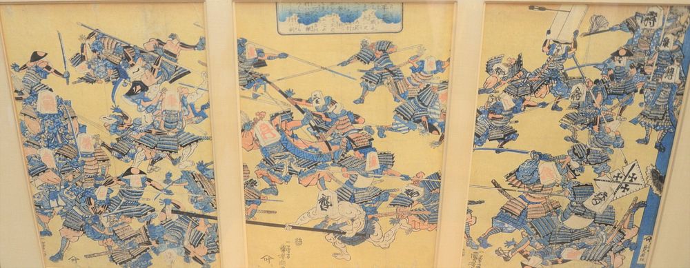 Appraisal: Three Japanese Woodblocks horizontal triptych of warrior and samurai figures