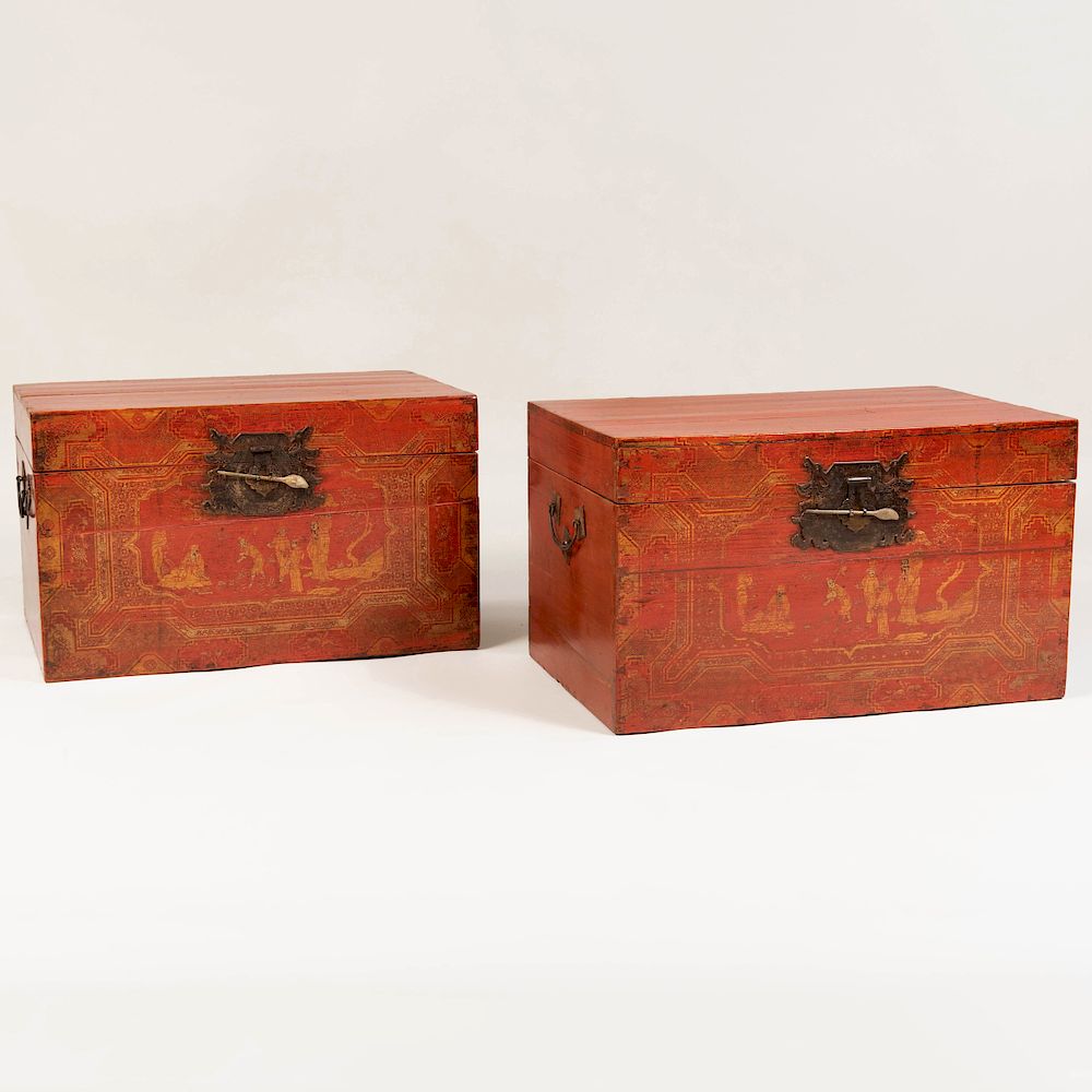 Appraisal: Pair of Chinese Metal-Mounted Painted and Parcel-Gilt Trunks x x