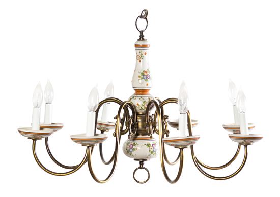 Appraisal: Sale Lot A Dutch Style Brass and Ceramic Eight-Light Chandelier