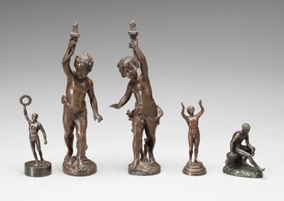 Appraisal: Five bronze figures pair putti holding torches - in athlete