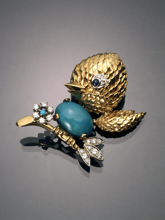 Appraisal: -Karat Yellow-Gold Diamond Blue Sapphire and Turquoise Bird Brooch Set