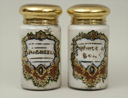 Appraisal: Pair of Victorian Brass-Lidded Glass Apothocary Jars Magnesia and Windsor