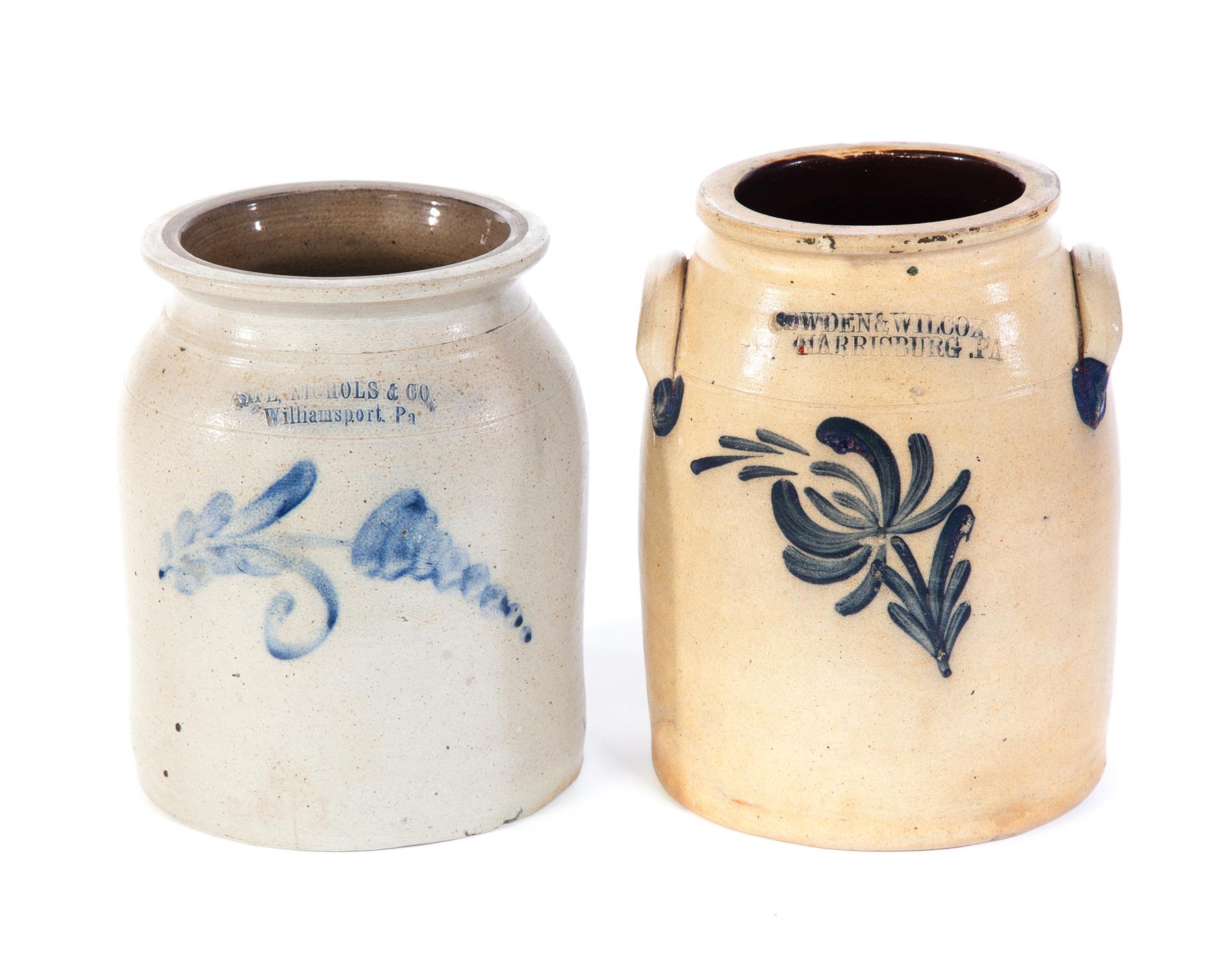 Appraisal: TWO PENNSYLVANIA STONEWARE JARS WITH IMPRESSED MARKS AND FREEHAND COBALT