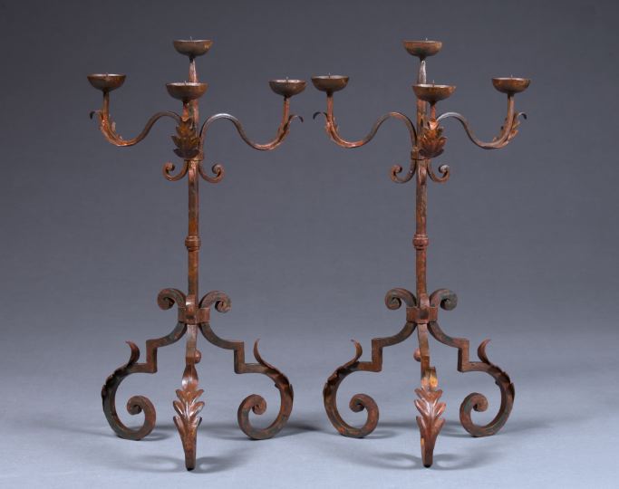 Appraisal: Tall Pair of French Four-Light Wrought-Iron Pricket Candlesticks in the