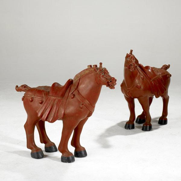 Appraisal: TANG STYLE Pair of carved wood red lacquered horses x