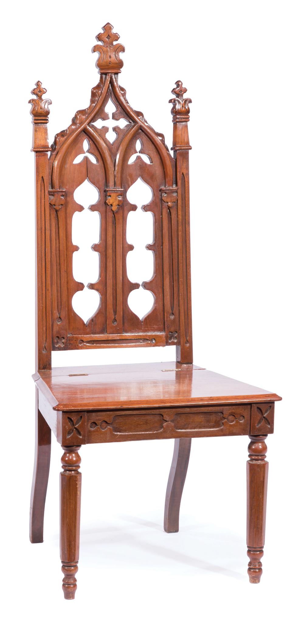 Appraisal: Gothic Carved Mahogany Hall Chair mid- th c triple finialed