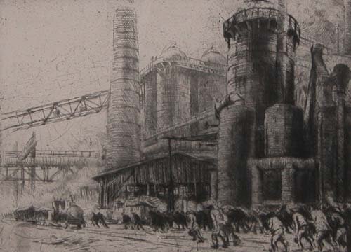 Appraisal: Steelworkers Entering Mill circa drypoint etching on Paper th Century