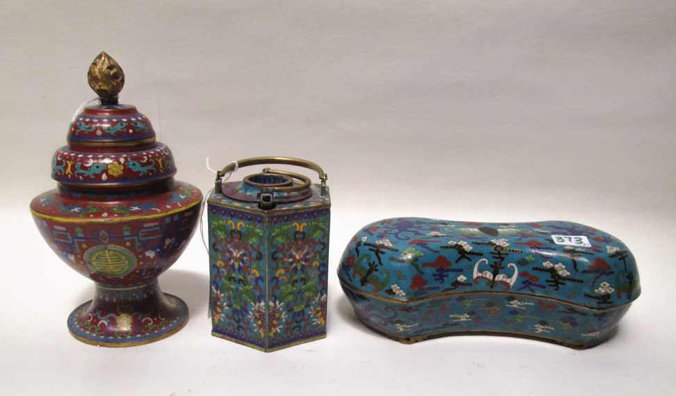 Appraisal: THREE CHINESE CLOISONNE PIECES including a octagonal shape warmer type