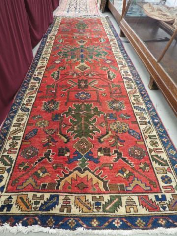 Appraisal: Heriz Persian Handmade Runner interesting geometrics deep salmon field '