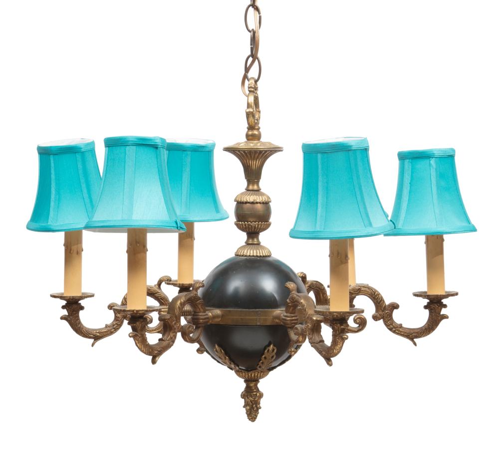 Appraisal: Diminutive Empire-Style Six-Light Chandelier globe issuing foliate arms blue shades